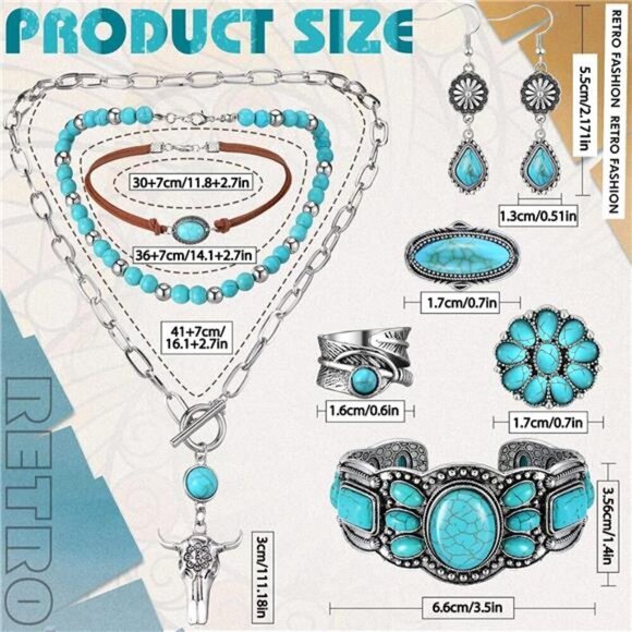 Bohemian Western Jewelry Turquoise Set Women Bohemian Pendant Long - Picture 3 of 7